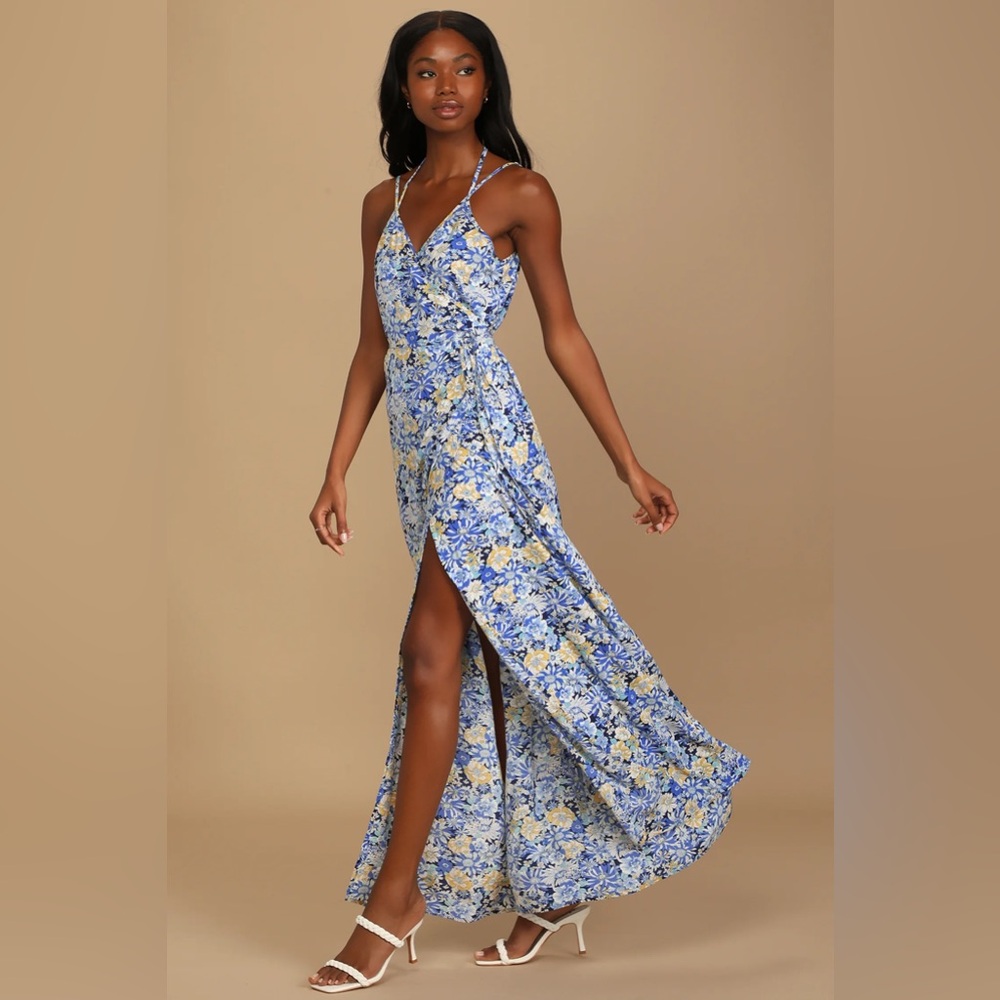 Lulus size M Here to be Happy Blue Floral Print Wrap Maxi Dress